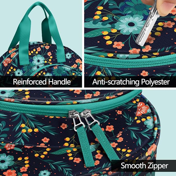 FINPAC Embroidery Project Bag, Embroidery Supplies Storage Carrying Tote Case with Multiple Pockets for Floss, Hoops, Thread, Stitch Tools Kit [Bag Only], Navy Bloom