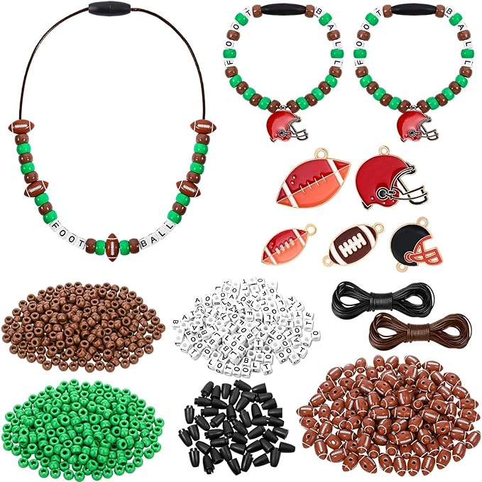 Kavoc Football Beads Necklace Crafts Kit Football Letter Beads Green Brown Pony Beads Sports-Themed Pendants Cords for Jewelry Necklace Bracelet Making DIY Crafts Decor