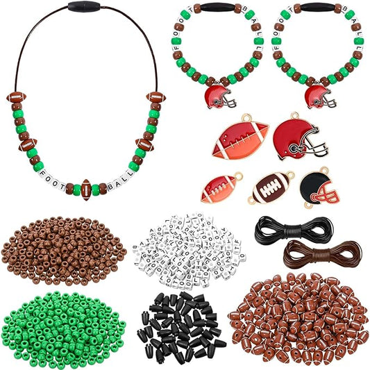 Kavoc Football Beads Necklace Crafts Kit Football Letter Beads Green Brown Pony Beads Sports-Themed Pendants Cords for Jewelry Necklace Bracelet Making DIY Crafts Decor