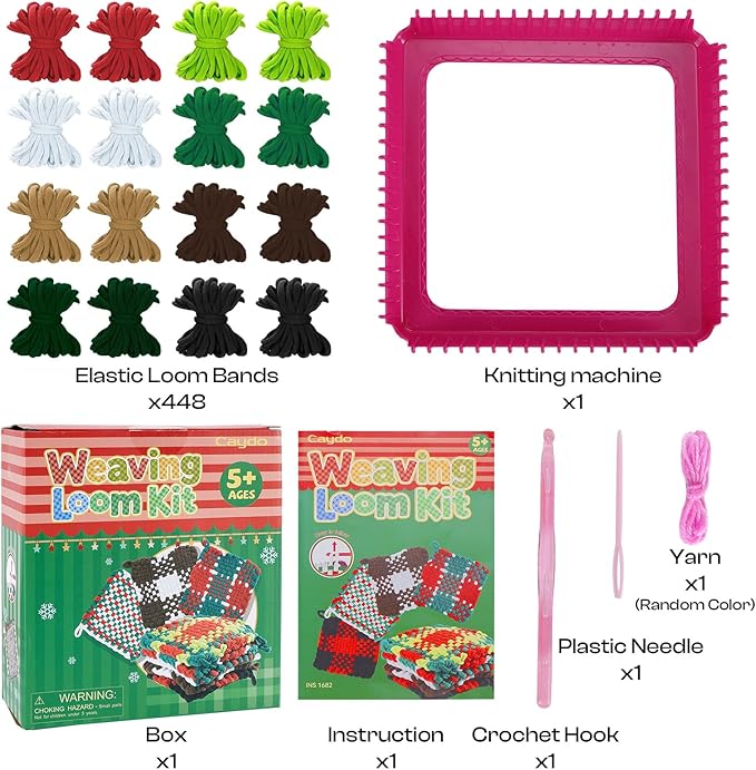 Caydo Christmas Weaving Loom Kit for Kids, Pot Holder Loom Kit for Girls 8-12, Include 448Pcs Weaving Loops(8 Colors), DIY Art and Craft Looms for Kid, Gift for Christmas & Craft-Loving Kids Age 8-12