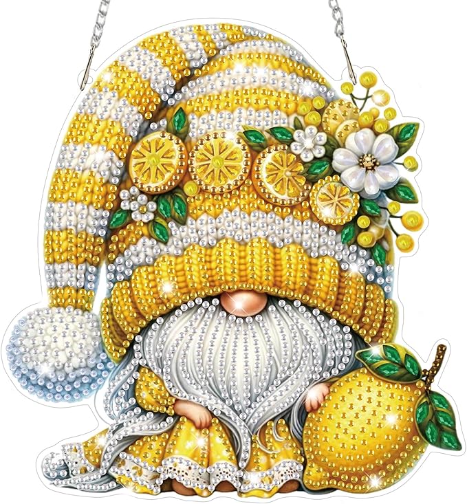 Bowetile Gnome Diamond Art Hanging Kits for Adults, Diamond Art Suncatchers Lemon, 5D Special Shape Diamond Painting Pendant Window Ornament Gifts for Home Wall Door Garden Decor