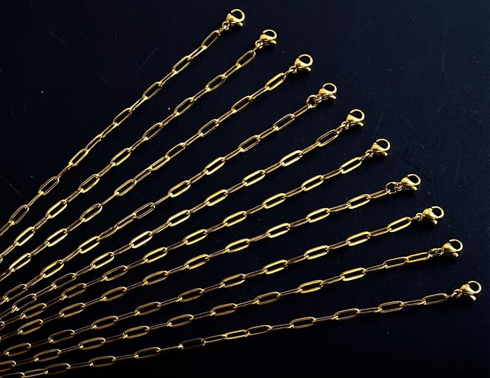 Gold Charm Necklace Kit - 4pcs 18in Stainless Steel Paperclip Chains & 50pcs Assorted Cute Gold Charms for DIY Jewelry Making