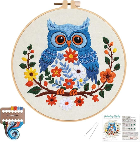 Louise Maelys Owl Embroidery Kits for Beginners, DIY Cross Stitch Starter Craft Kit for Adults Including Cloth with Pattern, Hoop, Needles Instruction and Threads
