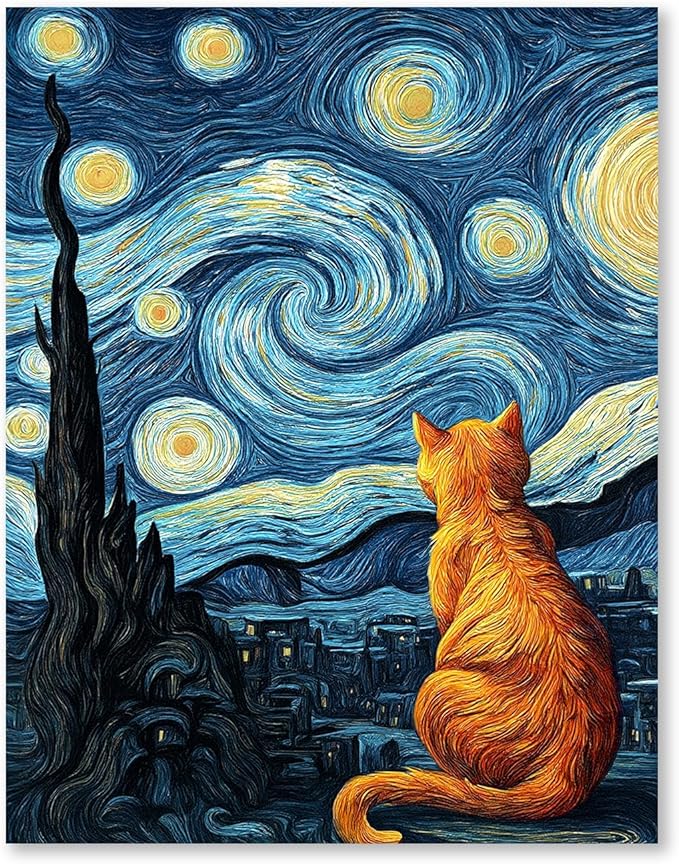 RLTXBUK Cat Cross Stitch Kits, Starry Night Orange Kitten Stamped Counted Cross Stitch Kits for Adults, Orange Cat Mom Lovers Gifts for Women, 11.8x15.8 Inch