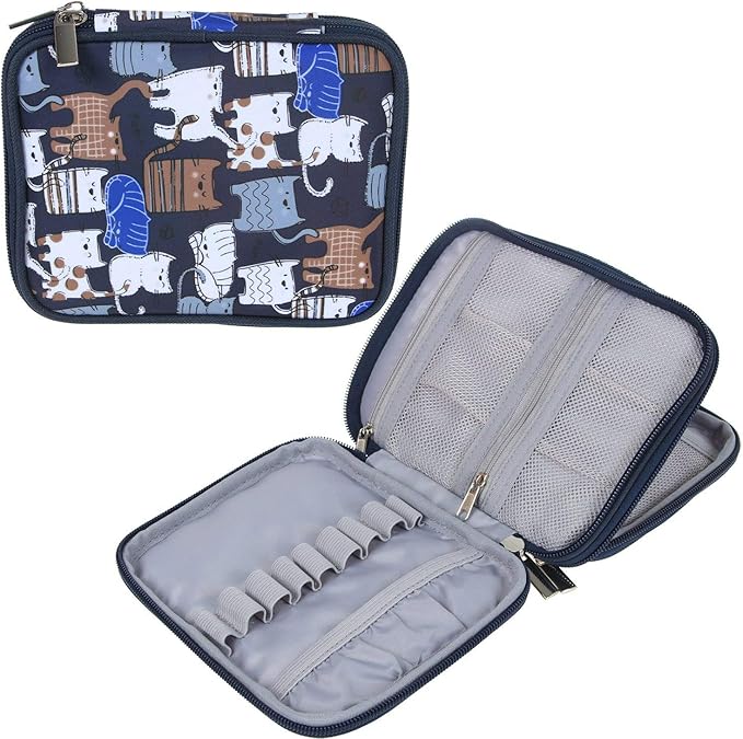 Teamoy Crochet Hook Case - Empty Organizer with Multiple Pockets for Needles & Knitting Accessories, Cats Blue