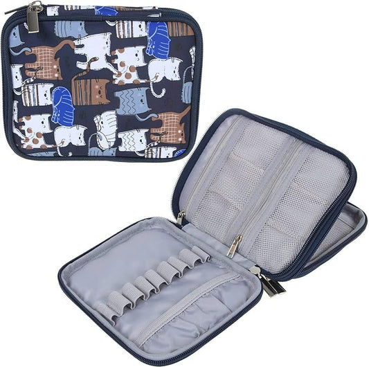 Teamoy Crochet Hook Case - Empty Organizer with Multiple Pockets for Needles & Knitting Accessories, Cats Blue