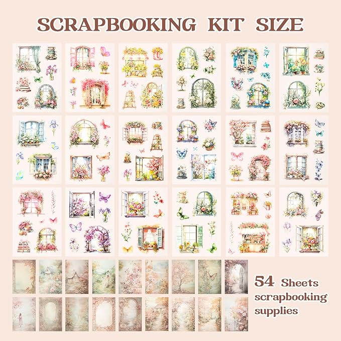 RISYPISY 54 Sheets Scrapbooks Supplies Kit, Precut PET/Washi Stickers, Flower Junk Journal Sticker for Adult Planner DIY Crafts Ephemera Floral Decorative Paper for Scrapbooking