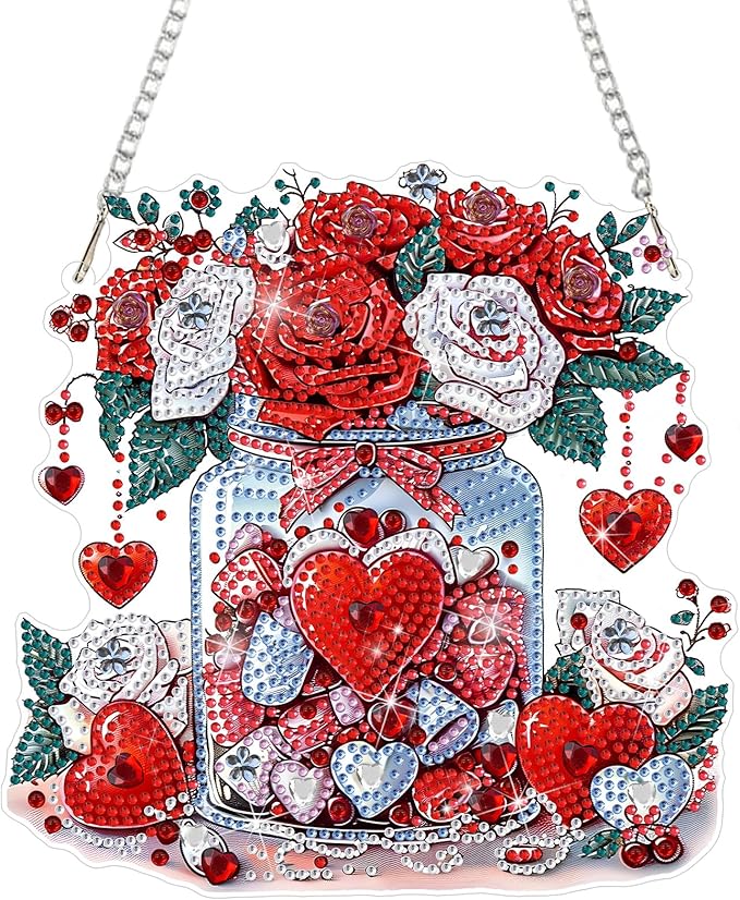 DOMROM Flower Diamond Art Hanging Kits for Adults Beginners, Special Shaped Crystal Diamond Painting Flower Pendant, DIY Diamond Art Suncatchers for Home Garden Wall Decor Gift