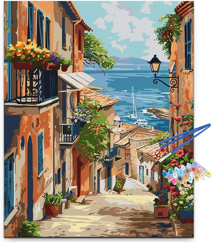 Artunion Europe City Street Paint by Numbers Kit for Adults,Seaside Town Paint by Number Kits, DIY Oil Painting Paint by Number Kits on Canvas Arts Craft for Home Wall Decor 16x20 Inch