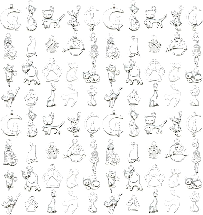 WOCRAFT 60pcs Bright Silver Cat Charms Bracelet Charms for Jewelry Making Sets DIY Necklace Bracelet Keychain Crafting Charms Kit Craft Supplies (SN843)