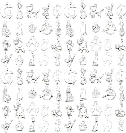 WOCRAFT 60pcs Bright Silver Cat Charms Bracelet Charms for Jewelry Making Sets DIY Necklace Bracelet Keychain Crafting Charms Kit Craft Supplies (SN843)
