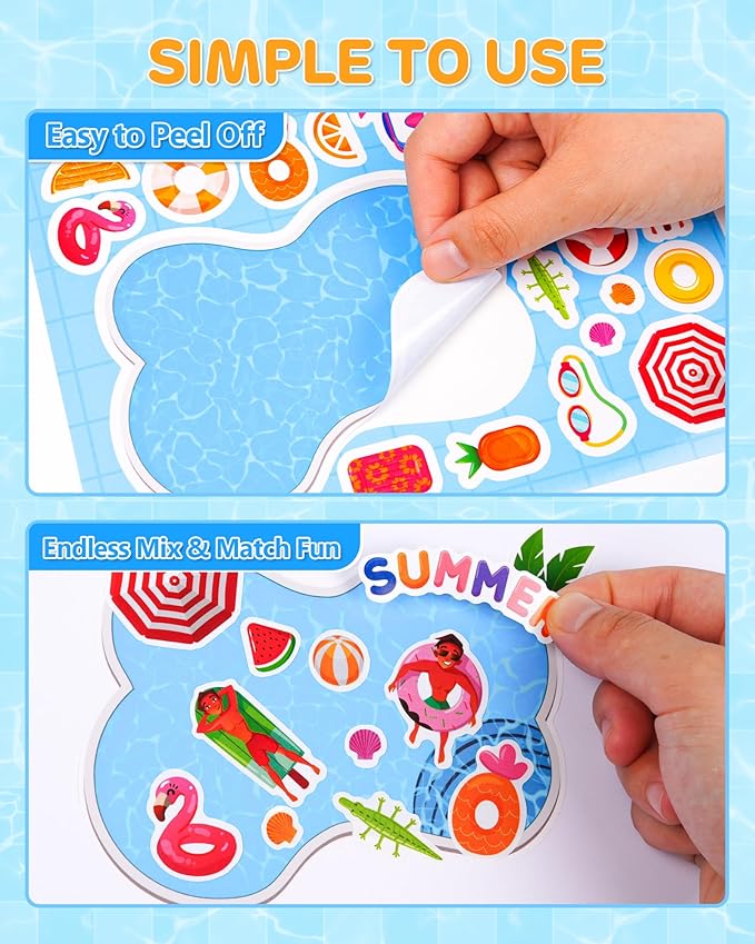 aowplc 32 sheets make‑a‑pool stickers for kids – mix & match craft kit – summer party favors & activities