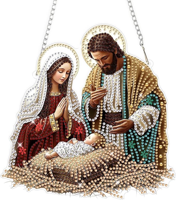 Religious Virgin Mary Jesus Diamond Art Hanging Ornaments Kits for Adults, Diamond Painting Pendant Kits, DIY Acrylic 5D Special Shaped Crystal Gem Art Painting Ornament for Home Wall Decor 8x8 Inch