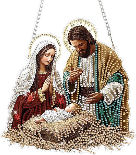 Religious Virgin Mary Jesus Diamond Art Hanging Ornaments Kits for Adults, Diamond Painting Pendant Kits, DIY Acrylic 5D Special Shaped Crystal Gem Art Painting Ornament for Home Wall Decor 8x8 Inch