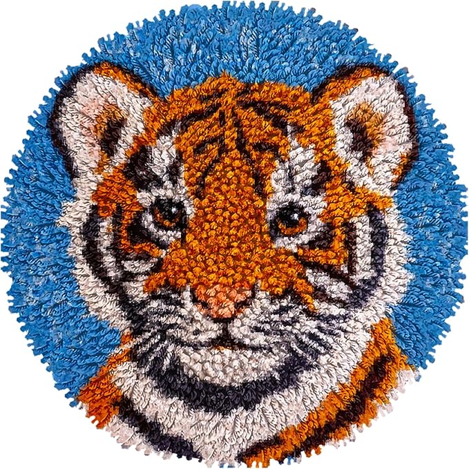 Latch Hook Rug Kit A Cartoon Baby Orange Tiger Portrait Easy for Beginners Children Round Carpet Crochet Yarn Craft Mini Rug DIY Hook and Latch Tapestry for Home Decor 30x30cm(2)