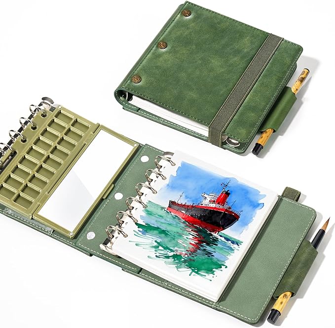 Portable Watercolor Sketchbook Set - 100% Cotton Hot Press 5.1x4.3 Inch 20Sheets Binder Art Journal with 18-Well Ceramic Paint Palette & Travel Watercolor Brushes for Artists Outdoor Painting