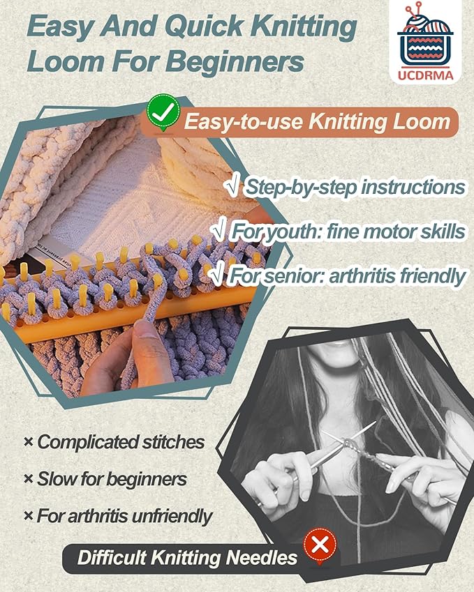 UCDRMA Upgraded Adjustable-Pegs Loom Knitting Kit (Pre-Installed Pegs), 2-in-1 Knitting Loom Set Quick Crochet Loom with 12 Yarn & Instructions & Pom Pom Maker, Scarf Loom Crochet Kit for Beginners
