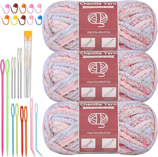 LUNARM Chenille Yarn for Crocheting Knitting, 3 Skein 10.58 oz / 263 Yard Thick Soft Chunky Fluffy Weaving Plush Yarn for Blankets Clothes Pattern with Big Eye Needles(Pink Purple Green Gradient)