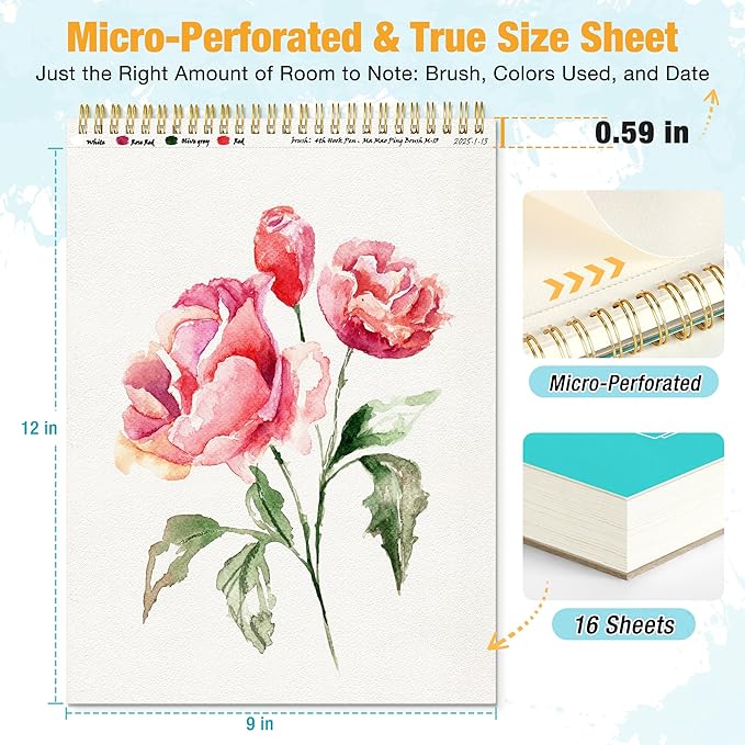 9"x12" Watercolor Paper Pad, Spiral Bound with Tear Line, 16 Sheets (140lb/300g): Art and School Supplies- Water Color Paper for Adults Kids-Watercolors, Watercolor Sketches, and Art Journals