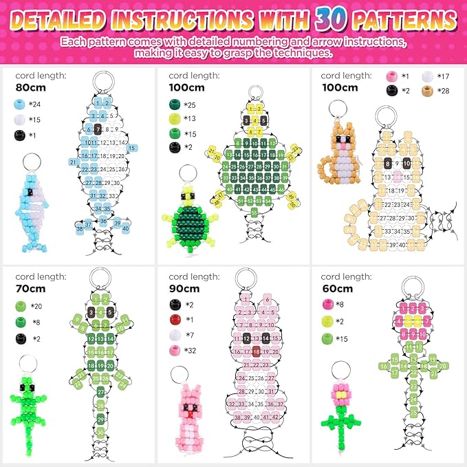 Funtopia Beads for Crafts, Pony Beads Keychain Making Kit, Bead Pets Art Crafts for Kids Beginners, Birthday Party DIY Craft for Girls Boys (1500 Bead, 30 Designs)