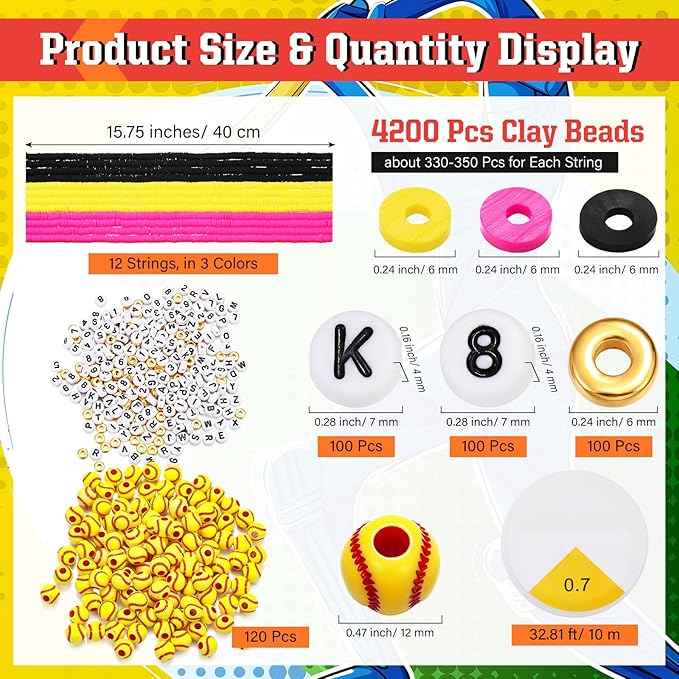Ferreve 4200 Pcs Softball 12 Strands Clay Beads Bracelet Making Kit, 100 Letter and Number Beads, 120 Softball Acrylic with Gold Spacer, Charm Bracelet Kit for Sport Party