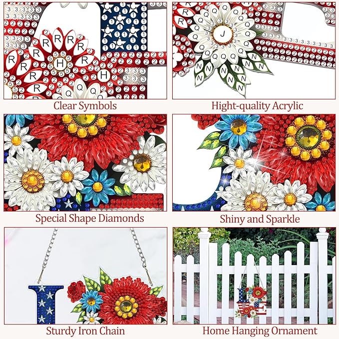 CEOVR Independence Day Hanging Diamond Art, American Flag Diamond Painting Pendant for Adults DIY Gem Art Wall Ornament, Acrylic Home Garden Decor with Chain, Box Kit 7.36×7.87inch