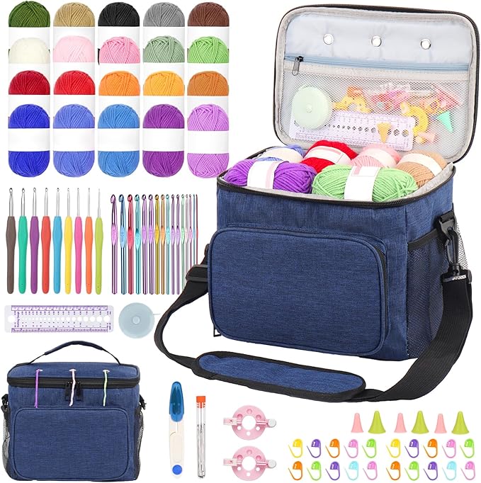 Aeelike Crochet Kit for Beginners, Complete Beginners Crochet Kit for Adults Including Two Tpyes of Crochet Hooks, 1693 Yards Yarn, Portable Yarn Bag, Instruction & Crocheting Accessories, Navy