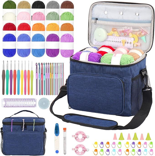 Aeelike Crochet Kit for Beginners, Complete Beginners Crochet Kit for Adults Including Two Tpyes of Crochet Hooks, 1693 Yards Yarn, Portable Yarn Bag, Instruction & Crocheting Accessories, Navy