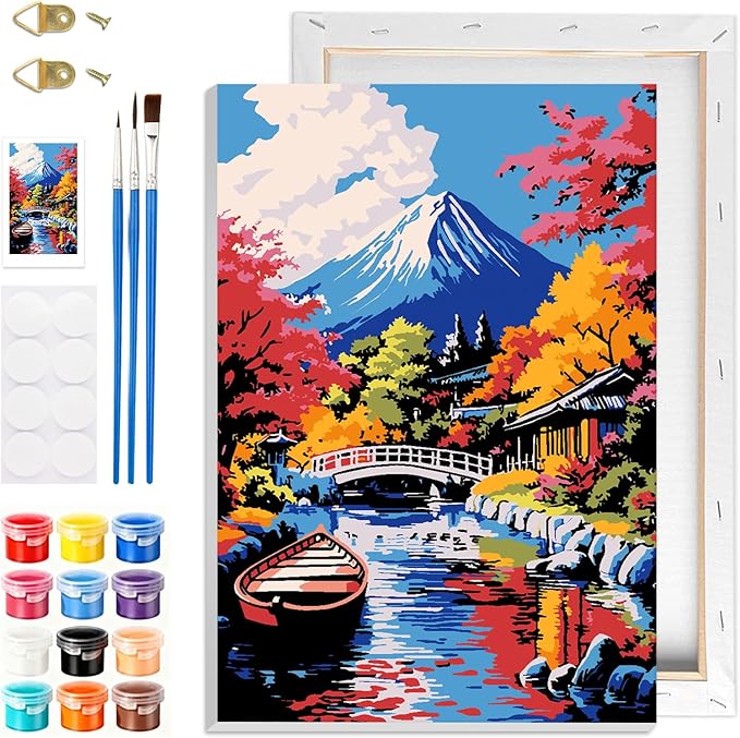 GHHKUD Mount Fuji Paint by Numbers with Frame for Adults Beginners, DIY Landscape Paint by Numbers for Age 6-12, Art on Canvas Gifts Home Wall Decor 8x12in