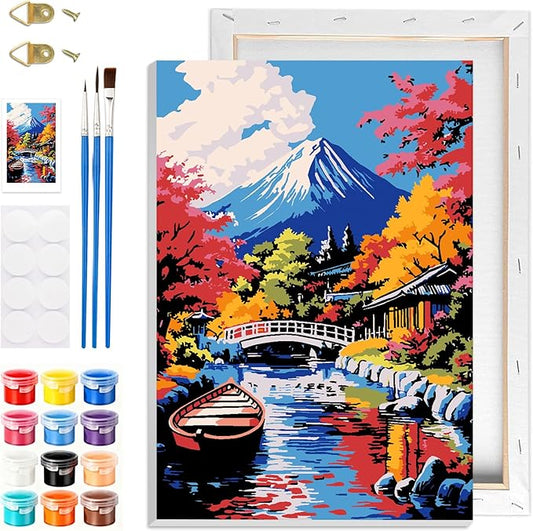 GHHKUD Mount Fuji Paint by Numbers with Frame for Adults Beginners, DIY Landscape Paint by Numbers for Age 6-12, Art on Canvas Gifts Home Wall Decor 8x12in