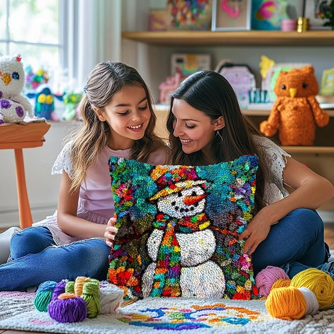 Stained Glass Christmas Snowman DIY Latch Hook Pillow Kits for Adults Printed Pillowcase Crochet Yarns Hooking Handmade Pillow Cover Cushion for Home Sofa Decoration 17x17inch