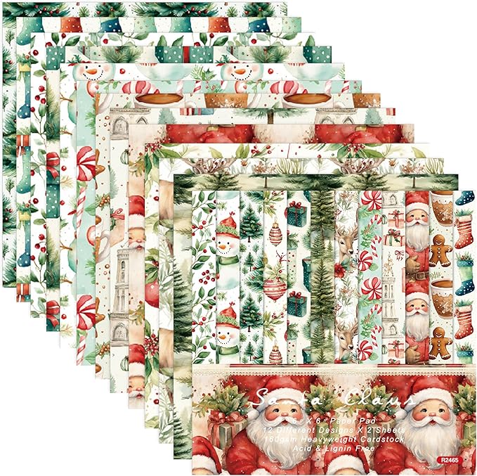 Christmas Pattern Scrapbook Paper, 6 Inch Card Production Supplies, 24 Sheets Single Sided Acid-Free Cardstock Greeting Card, Handmade Gift Journaling Craft Kits (H-style)