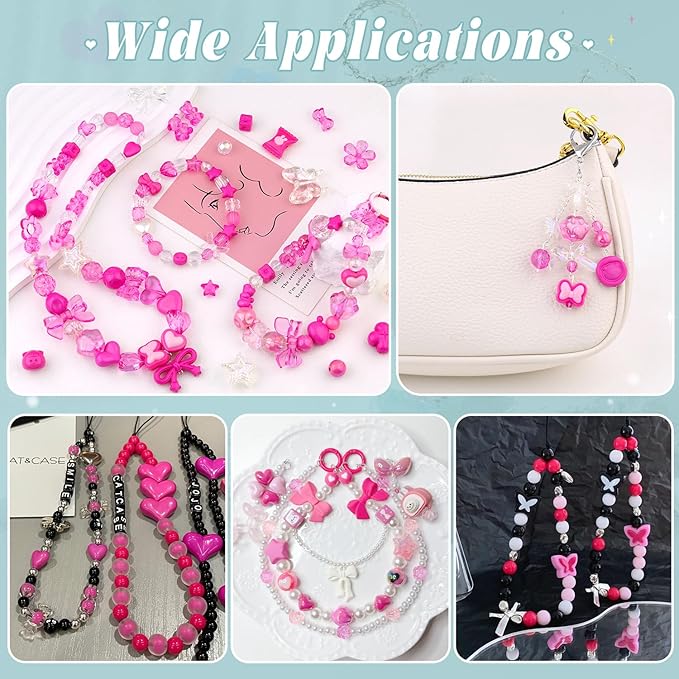 200-260PCS TINKRSTUFF Assorted Acrylic Beads Rose Pink Cute Beads for Bracelet Making,Bow Flower Butterfly GummyBear Kawaii Charms, Aesthetic Bead for Necklace Keychain Jewelry Making DIY Phone Charm