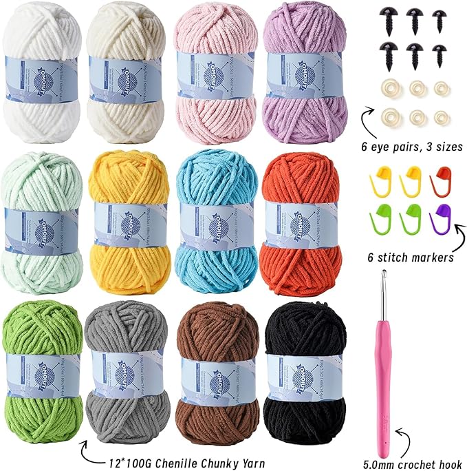 12 Pack Fluff Chenille Chunky Yarn for Crocheting Premier Puzzle - Velvet Baby Crochet Yarn with Black White Purple Pink Blue Coffee Red Khaki Yellow Amigurumi Set C