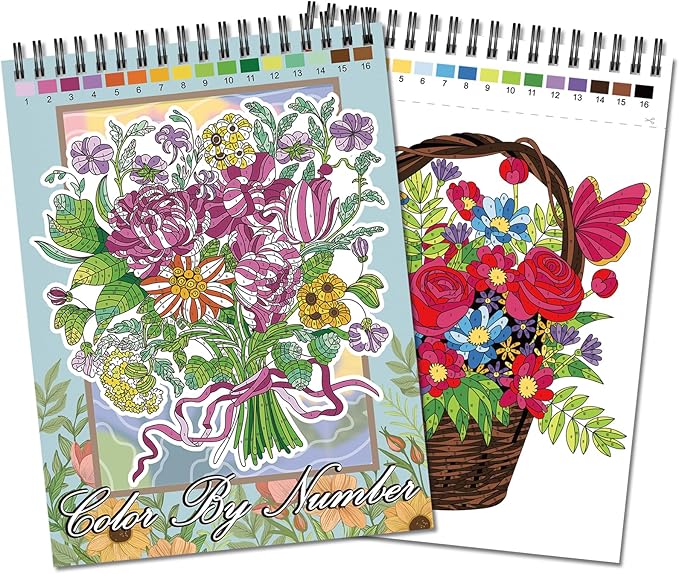 Jadeso Color by Number Adult Coloring Book, 30 Pages of Beautiful Flowers Patterns, Spiral Bound Color by Numbers for Adults Relaxation, Stress-Free Coloring by Numbers, Thick Smooth Paper