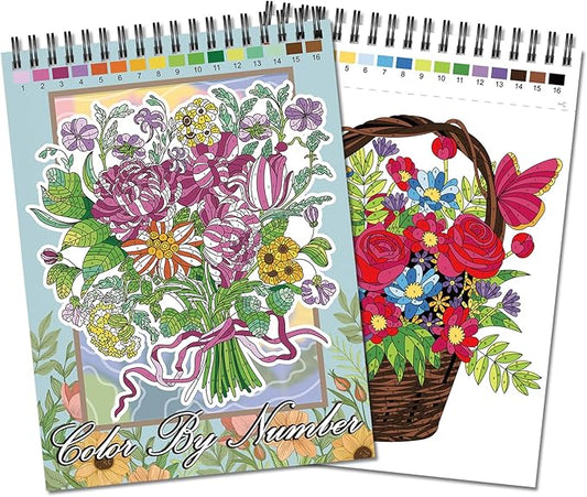 Jadeso Color by Number Adult Coloring Book, 30 Pages of Beautiful Flowers Patterns, Spiral Bound Color by Numbers for Adults Relaxation, Stress-Free Coloring by Numbers, Thick Smooth Paper
