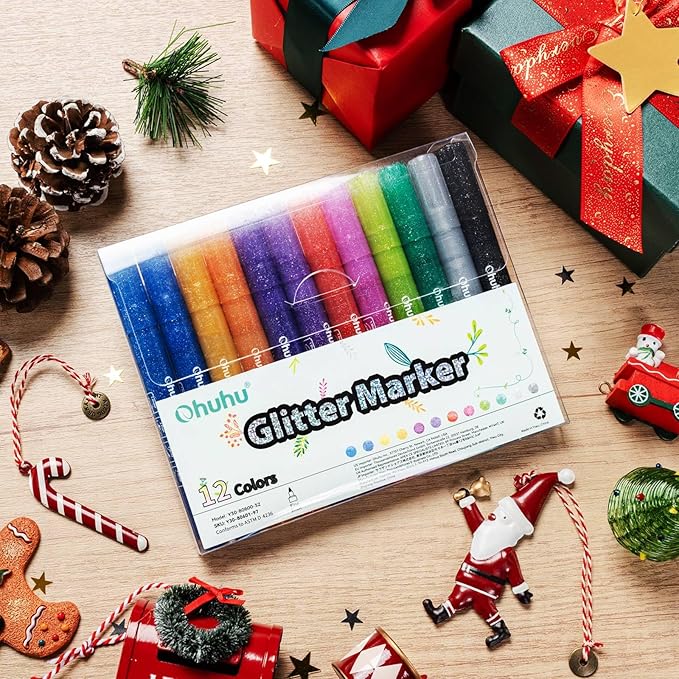 Ohuhu Glitter Markers Pen: 12 Glitter Colors Metallic Shimmer Marker Round Tip Water-based Ink for Kids Adults DIY Crafts Greeting Birthday Cards Making Mugs Wood Medium Tip 3.0mm
