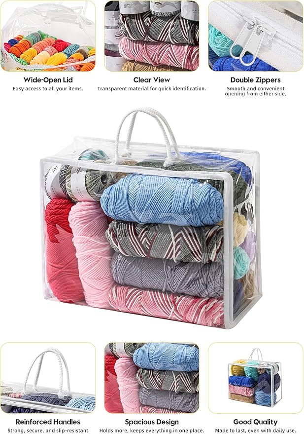 6 Packs Large Yarn Storage Bags, Clear Yarn Storage Organizer with Zippers and Handles, Crochet Bag Knitting Bag for Knitting Needles Crochet Hooks-17.75 * 6.69 * 11.8 inches