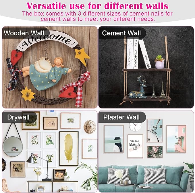 Picture Hanging Kit, 315pcs Hanging Hardware with Hooks, Wire, Nails, D Ring, Wall Hanging Kit with Hangers, Magnetic Level and Small Pink Claw Hammer, nails for hanging pictures for Home Decor