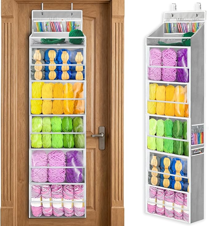 Yarn Storage Organizer, Grey Yarn Holder Over the Door Hanging Crochet Kit Storage with 5 Zippered Compartments, Large Capacity Sewing Organizer Gifts for Knitters Needles Crochet Hooks