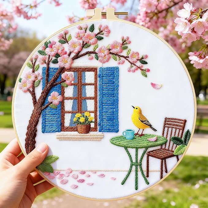 BEUNITONE Windows Flowers Embroidery Kit, 6PC Vintage Garden Scene with Birds Cat, Cottage Core Needlepoint Kits for Adults Beginners, DIY Home Decor Gift