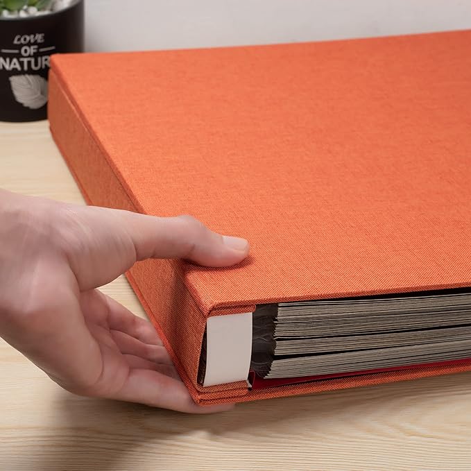 Large Photo Album Self Adhesive 4x6 5x7 3x5 8x10 Scrapbook Magnetic Album DIY Scrap Book Length 13 x Width 12.8 (Inches) 120 Black Sticky Pages Linen Cover DIY Photo Album(Orange)