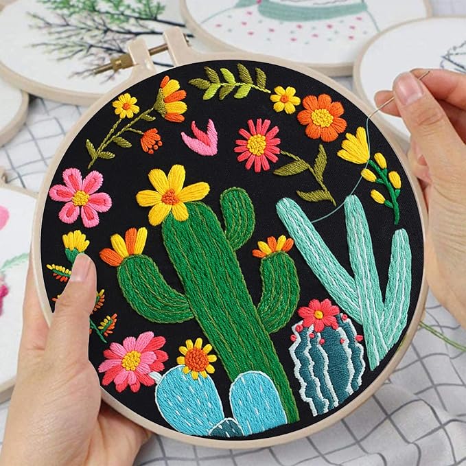 Nuberlic 3 Pack Embroidery Kit for Beginner Adults, Stamped Cross Stitch with Cactus Patterns Include 3 Hoop, Cloth Thread Needles and Instructions