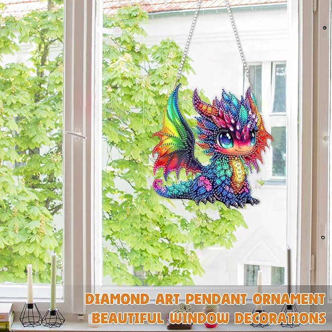 RICUVED Hanging Diamond Art Painting Kit, Special Shaped Crystal Gem Diamond Painting Pendant Kit for Adults Beginners, DIY Colorful Dragon Hanging Diamond Art Ornament Kit for Home Garden Wall Decor