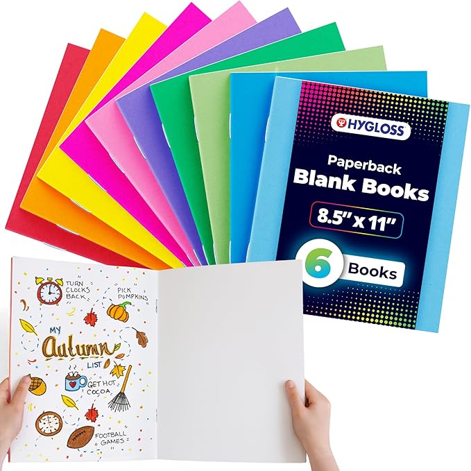 hygloss blank books - bulk 6 pack – 8.5" x 11" a4 assorted colors – paperback blank books for kids to write stories, doodle art – plain drawing sketchbook, unlined journal, notebook without lines