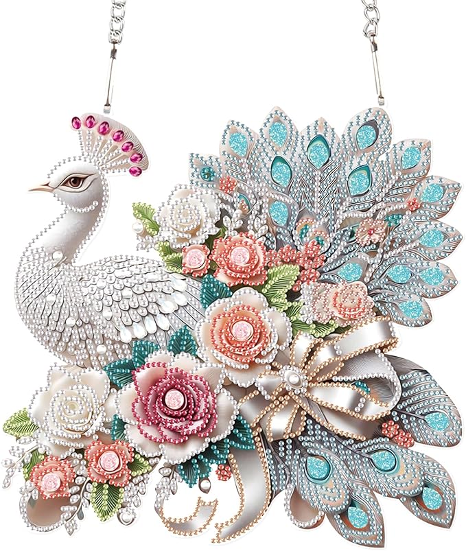 MVVMTOP Diamond Art Painting Hanging Pendant, DIY Peacock 5D Special Shape Crystal Diamond Art Partial Mosaic Making Craft Wreath Ornaments, Large Size Home wall Decor Window Decoration Handmade Gift