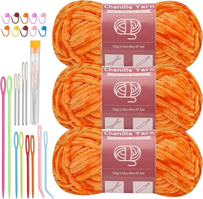 LUNARM Chenille Yarn for Crocheting Knitting, 3 Skein 263 Yard Thick Soft Chunky Fluffy Weaving Plush Yarn for Blankets Clothes Pattern Creations with Big Eye Needles (Orange)