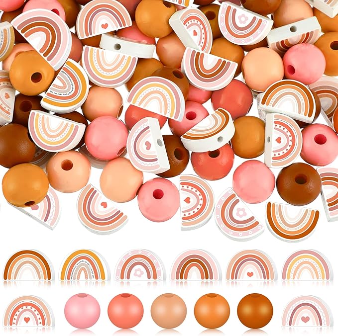 Waydress 200 Pcs Boho Rainbow Wooden Beads Rustic Farmhouse Wood Beads Natural Handmade Round Bead Polished Spacer Bead for DIY Necklace Bracelet Earrings Keychain Crafts Jewelry Making