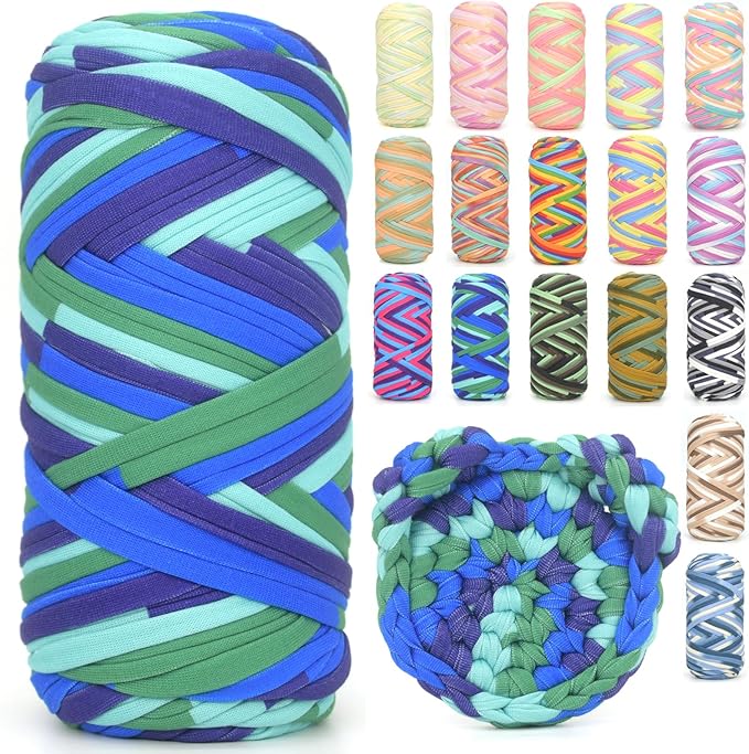Tshirt Yarn for Crocheting,Rainbow T Shirt Chunky Elastic Fabric Thick T-Shirt Crochet Yarn for Beginners Crocheting Hand Knitting Bag/Basket/Coasters/DIY Crafts/Home Decor 200G-Purple Blue Green