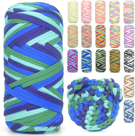 Tshirt Yarn for Crocheting,Rainbow T Shirt Chunky Elastic Fabric Thick T-Shirt Crochet Yarn for Beginners Crocheting Hand Knitting Bag/Basket/Coasters/DIY Crafts/Home Decor 200G-Purple Blue Green